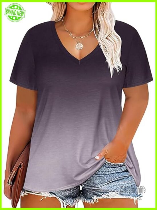 Tops - Plus Size Tunic V-Neck Short Sleeve Blouse Loose Fit Summer Top